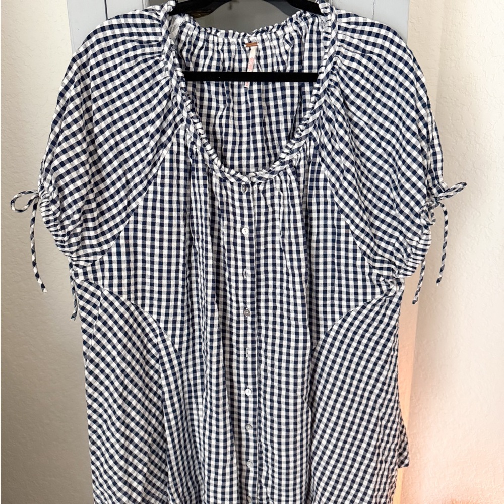 Free People Navy and White Gingham Button-Down Tunic